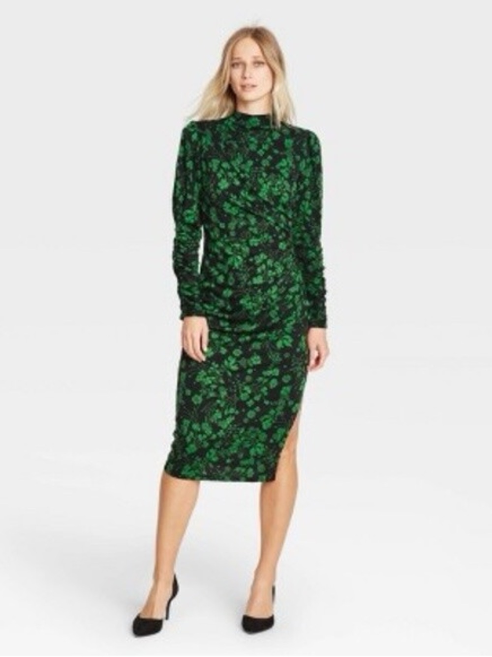 Who What Wear Black and Green Floral Long-Sleeve Midi Dress Size Small